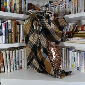 Plaid XL ModCloth Blanket Scarf - Tan/Black/White extra soft
